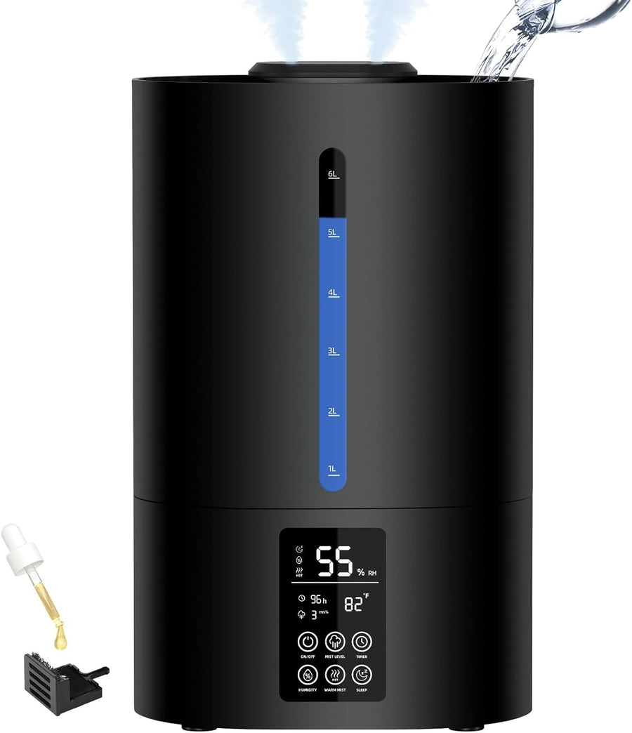 6L Humidifiers for Bedroom Large Room Home, Cool and Warm Humidifier for Plants Mist Top Fill Desk Humidifiers Essential Oil Diffuser, Quiet Humidifier with Adjustable Mist,360°Nozzle-Midnight Black