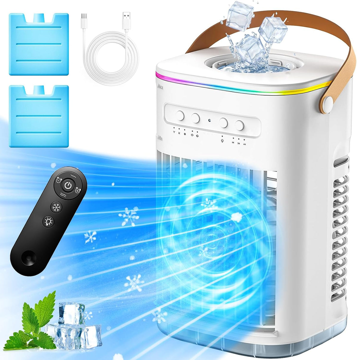 4-IN-1 Personal Air Conditioner W/Remote, 2 Ice Packs, 1200ML Tank, 7H Timer for Smart Auto-Off,2 Cool Mist,3-Speed Small Portable Air Conditioner, 7-LED Light Evaporative Air Cooler for Room